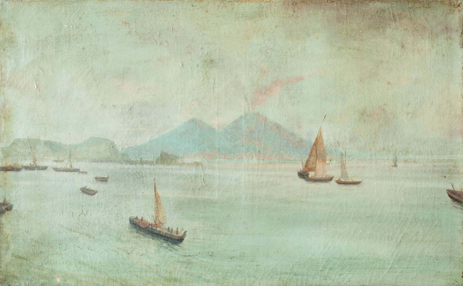 Null SCUOLA CONTEMPORANEA, Golfo di Napoli, Olio su tela, 38 x 91 cm. Crepe.