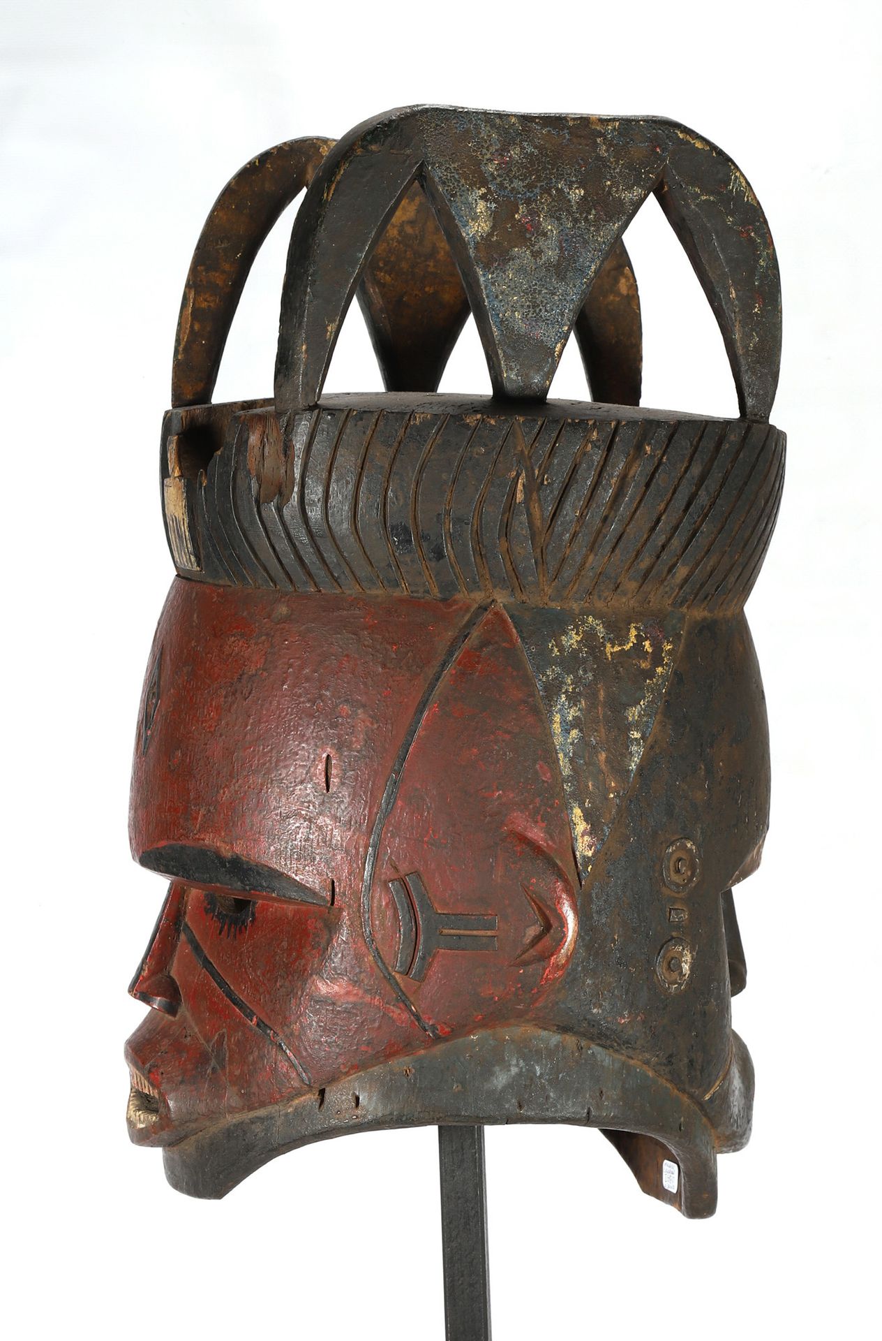 Null Janus helmet mask in carved polychrome wood. The black face is male, while &hellip;