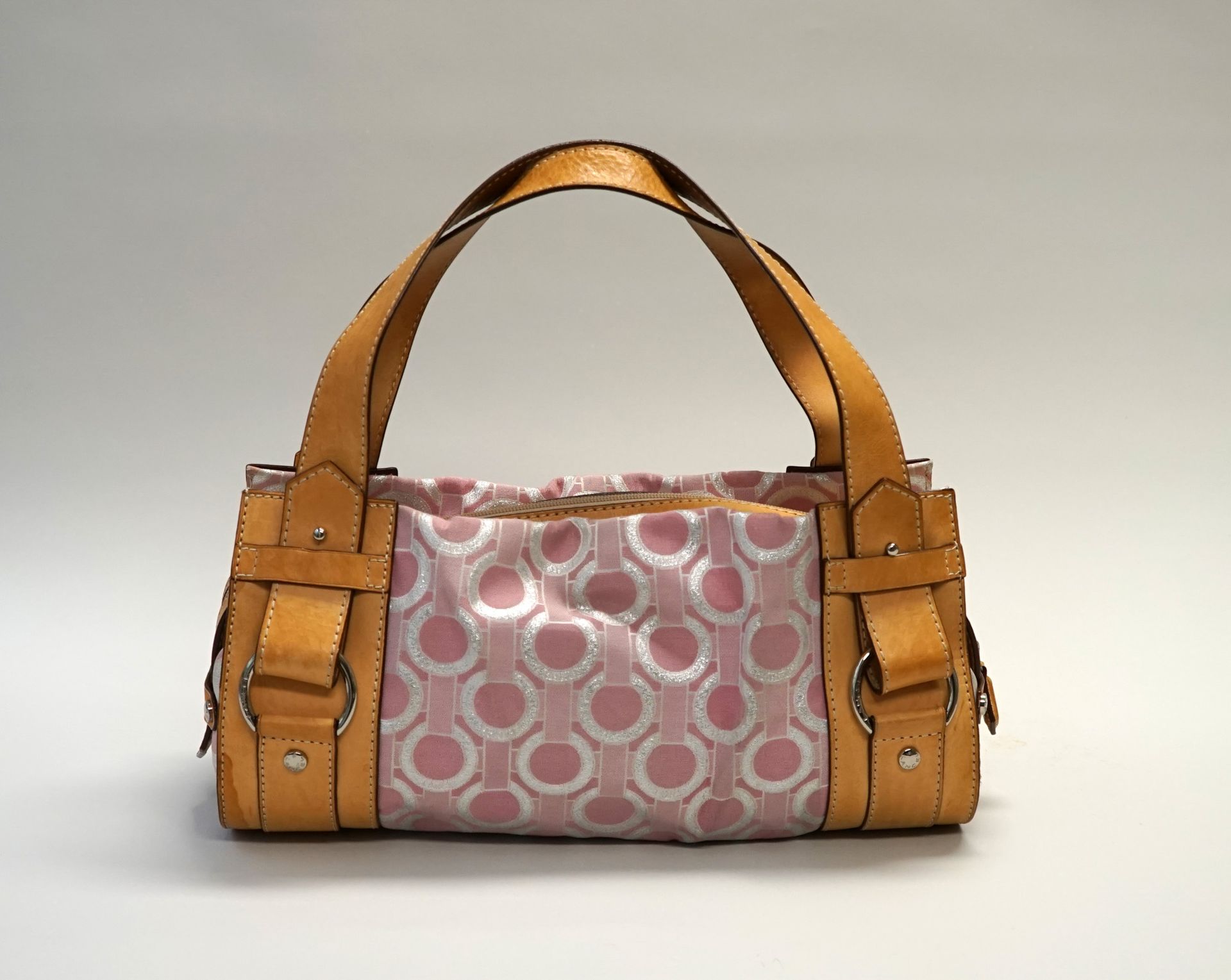 Null LANCEL - "Laure Manaudou" bowling bag in pink canvas with geometric pattern&hellip;