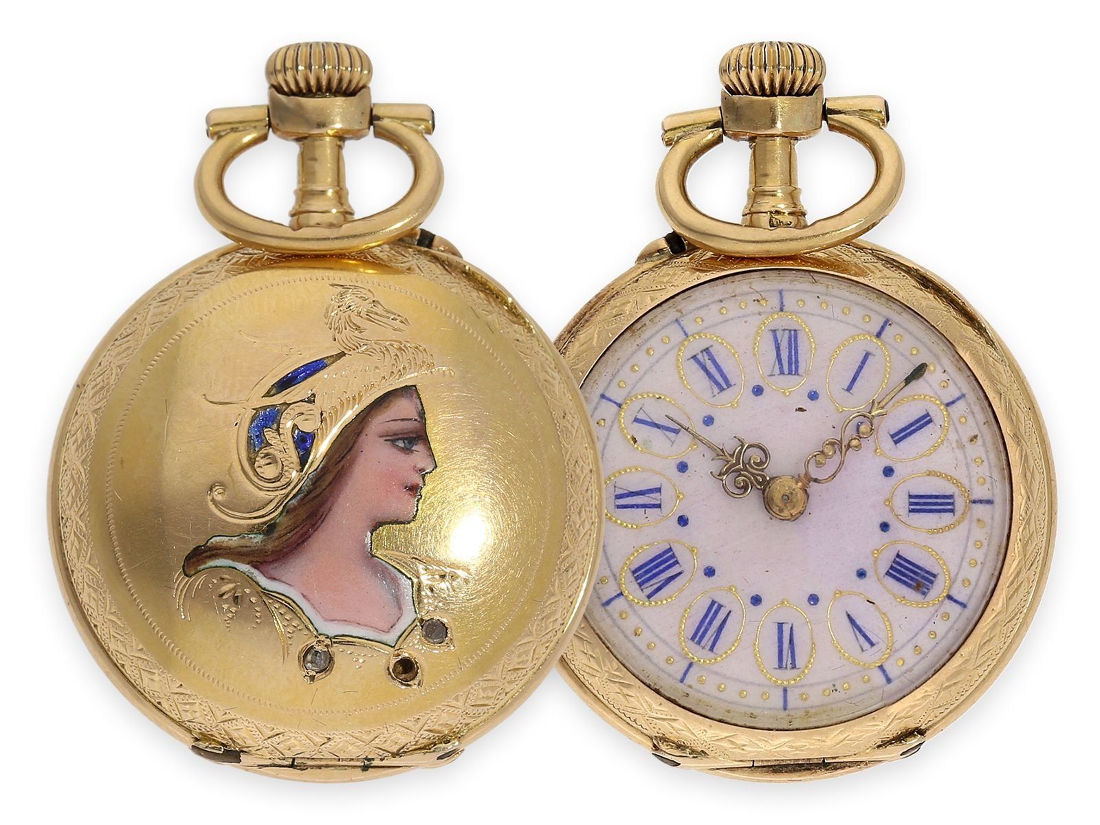 Null Montre de poche : rare montre de dame Art Nouveau en or/émail avec représen&hellip;