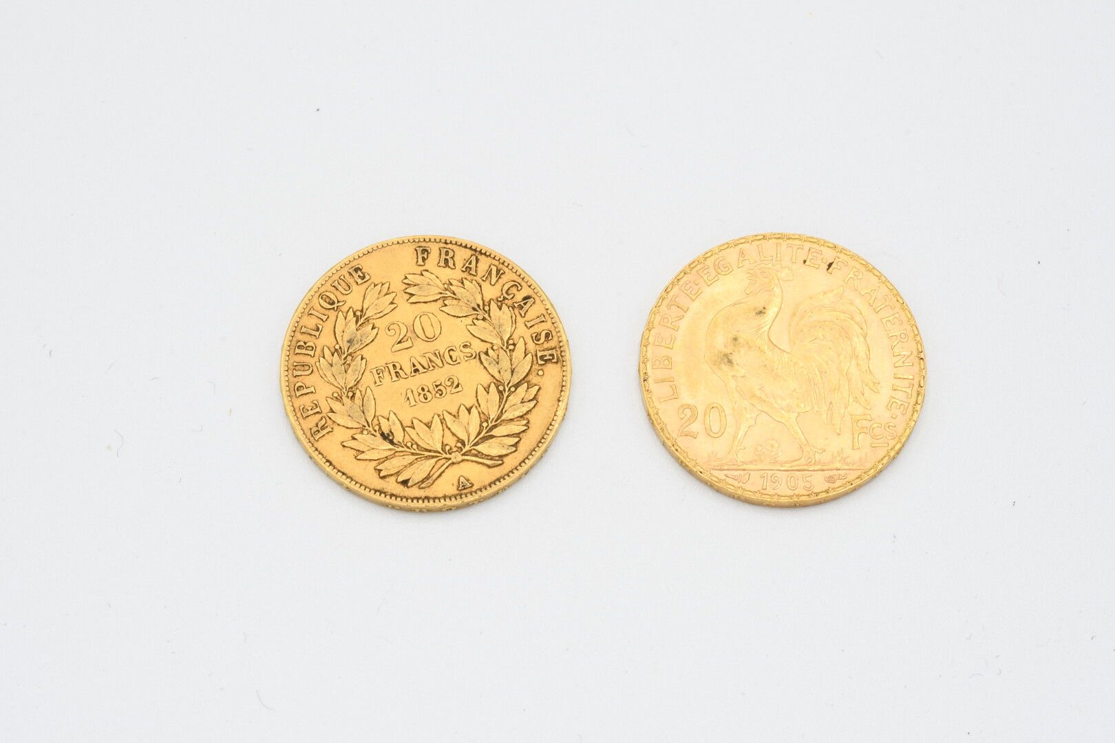 Null MONNAIES d'OR (2) : 20 francs 1852 et 1905. Poids : 12,9 g

Frais acheteur &hellip;
