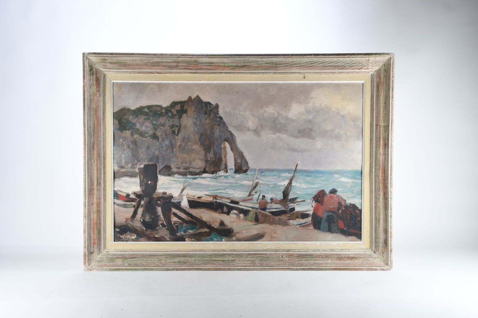 Null BRENET, Albert (1903-2005). "Bateaux au carénage à Etretat" , olio su tavol&hellip;