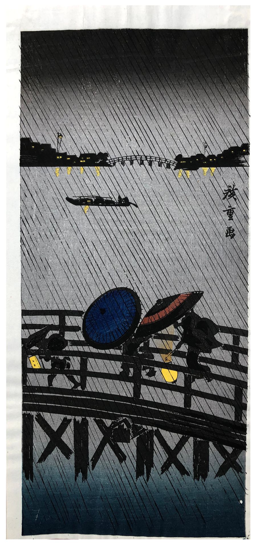 Japanese Woodblock Print by Takahashi Shotei Night Rain in Izumi 
Très bien. L'e&hellip;