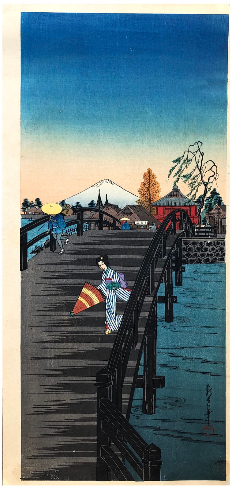 Japanese Woodblock Print by Hodo Nishimura Bridge Crossing 
Restes d'un montage &hellip;