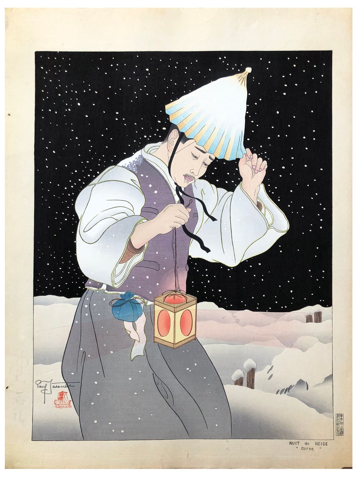 Japanese Woodblock Print by Paul Jacoulet Nuit de Neige 
Légers plis et un trou &hellip;