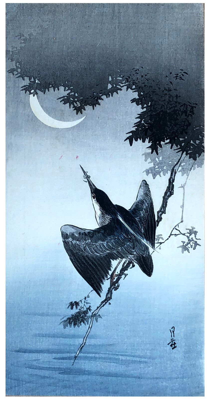 Japanese Woodblock Print by Yoshimoto Gesso Kingfisher and Crescent Moon 
Très b&hellip;