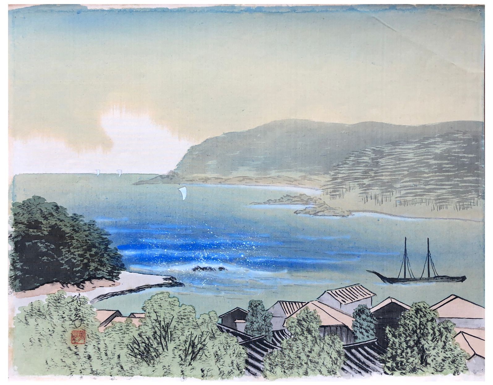 Japanese Hand Painting by Yamamoto Hosui Village by the Ocean Sehr schön. Gemalt&hellip;