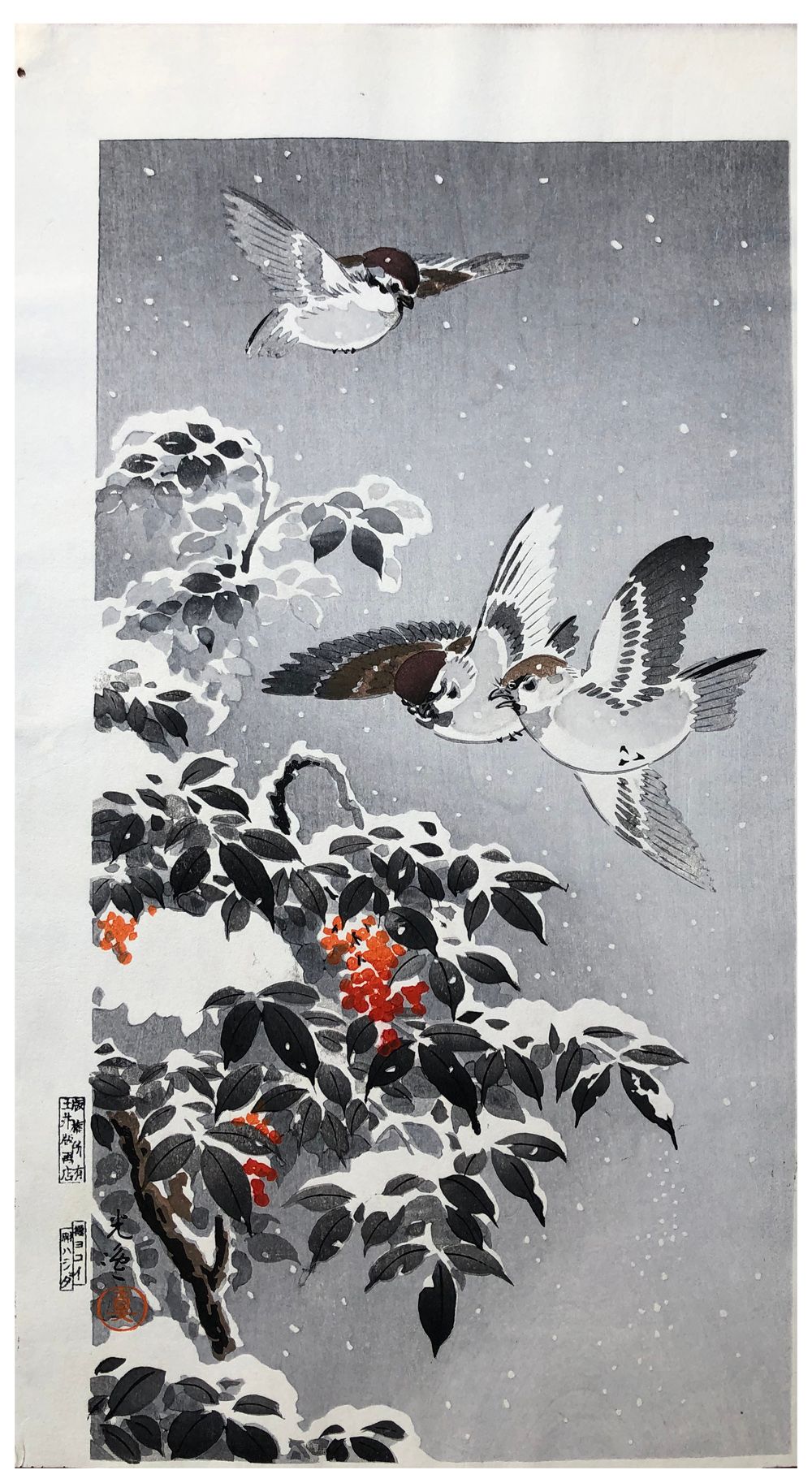 Japanese Woodblock Print by Tsuchiya Koitsu Sparrows in Snow Très bien Dimension&hellip;