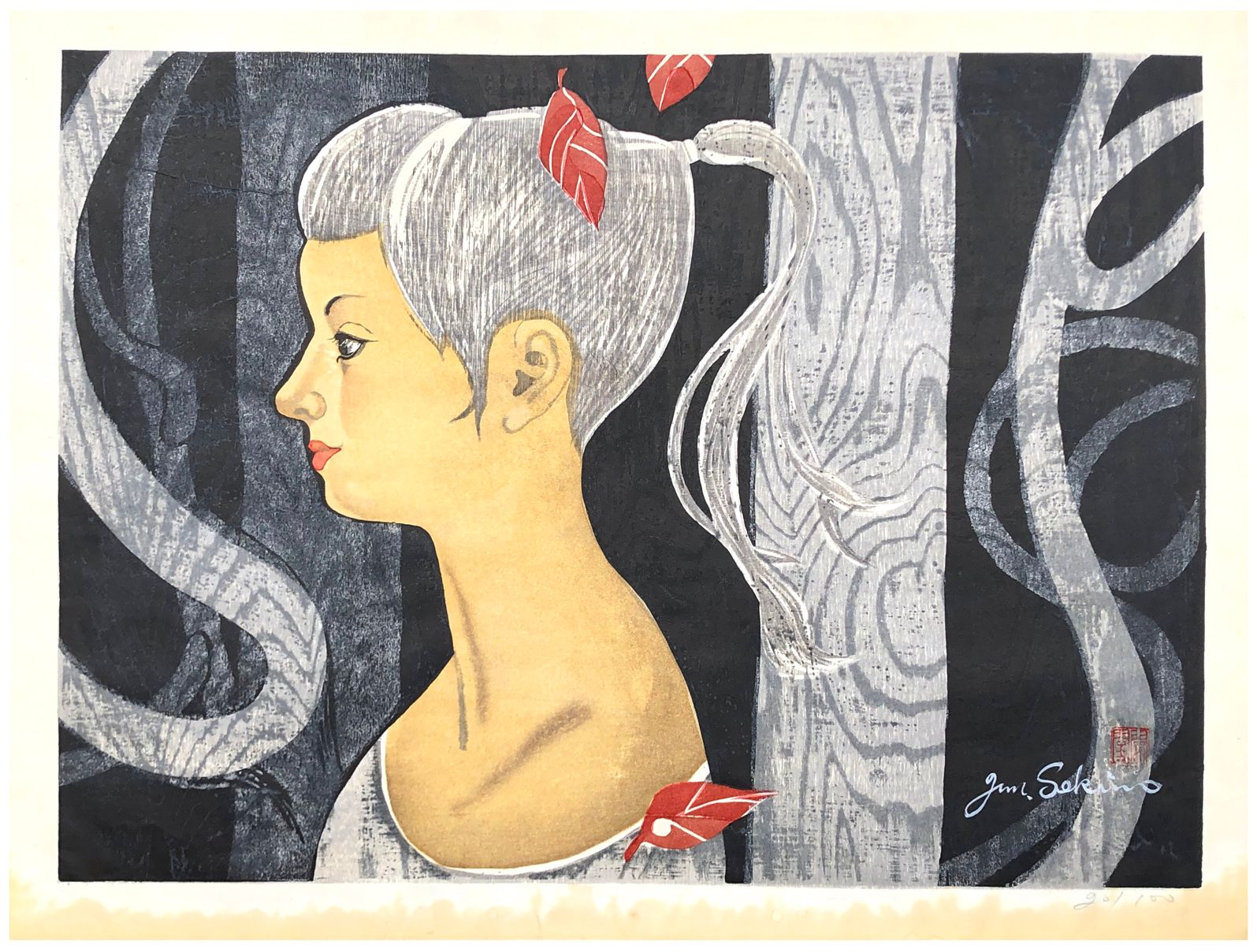 Japanese Woodblock Print by Sekino Junichiro Girl in the Forest 
Un peu de tonal&hellip;