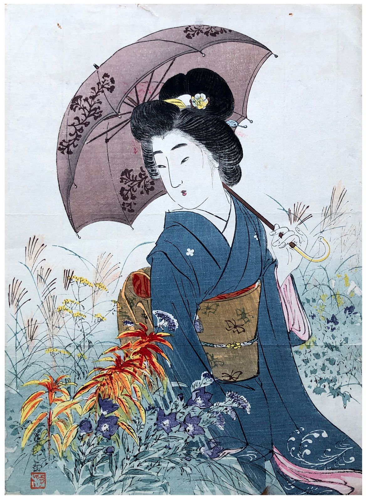 Japanese Woodblock Print by Suzuki Kason Bijin in Autumn Garden 
印刷品的上部和下部有小的损失，&hellip;