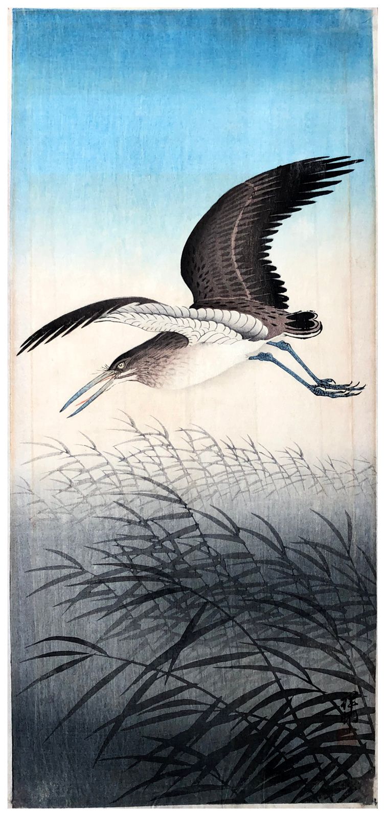 Japanese Woodblock Print by Ohara Koson Heron in Flight with Reeds 
Légère tonal&hellip;