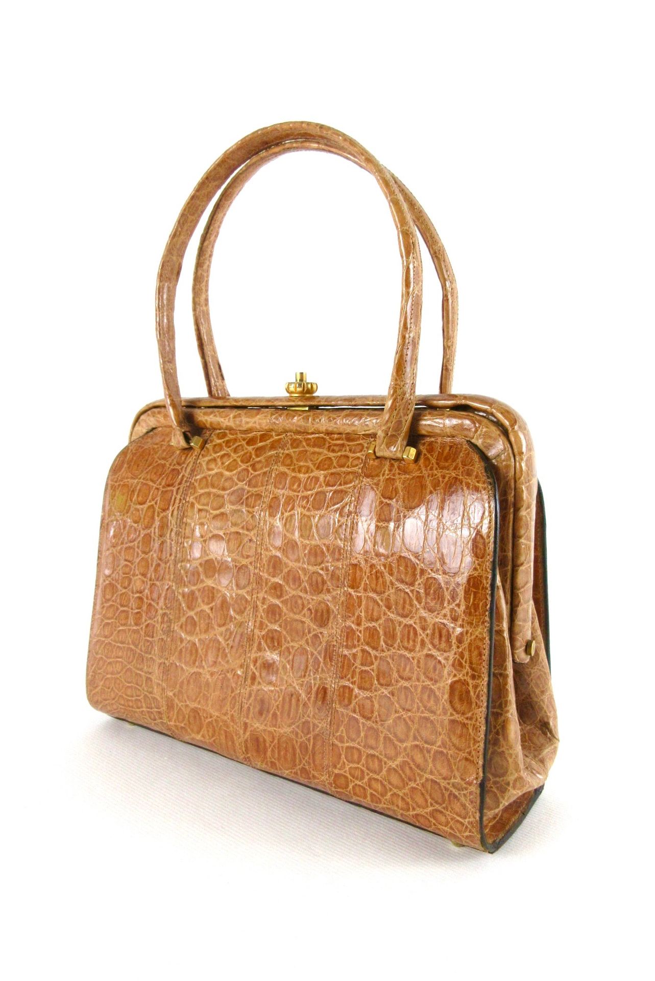 Null Petit sac en cuir exotique marron clair, structure rigide à deux anses, les&hellip;