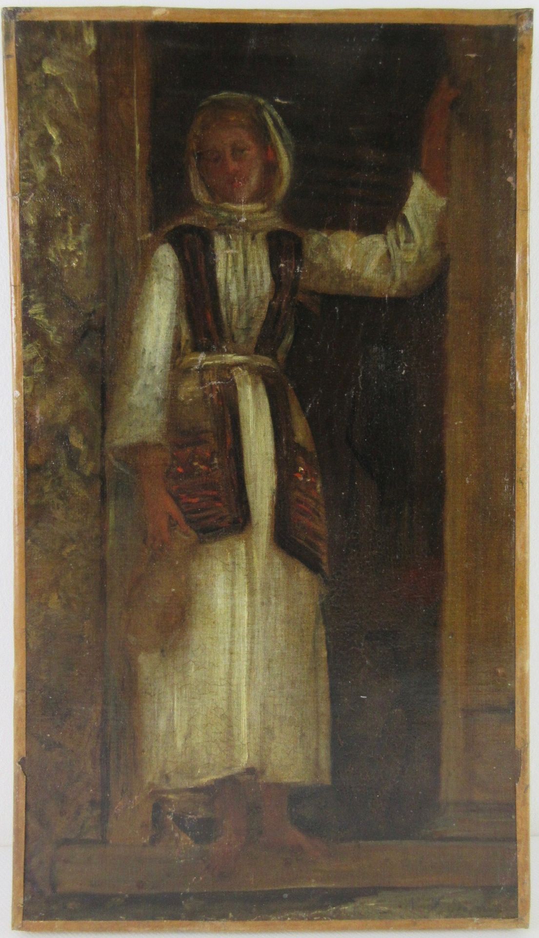 Null 19世纪希腊画派。布面油画，"带罐子的女人"，右下角签名（难以辨认），43 x 24.5厘米