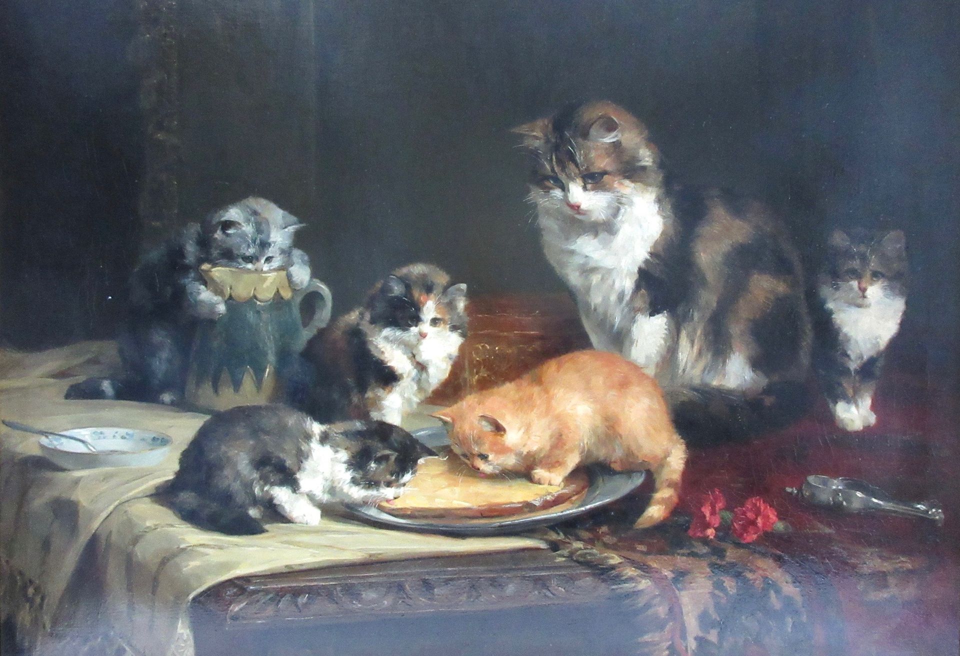 Null Charles II VAN DEN EYCKEN (1859-1923) huile sur toile, "Chatte, Chatons et &hellip;