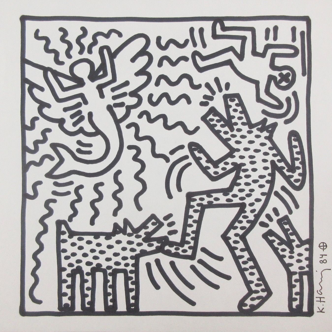 Null Keith HARING (1958-1990) Feutre sur papier, "Ange Rayonnant, Loup et Chiens&hellip;