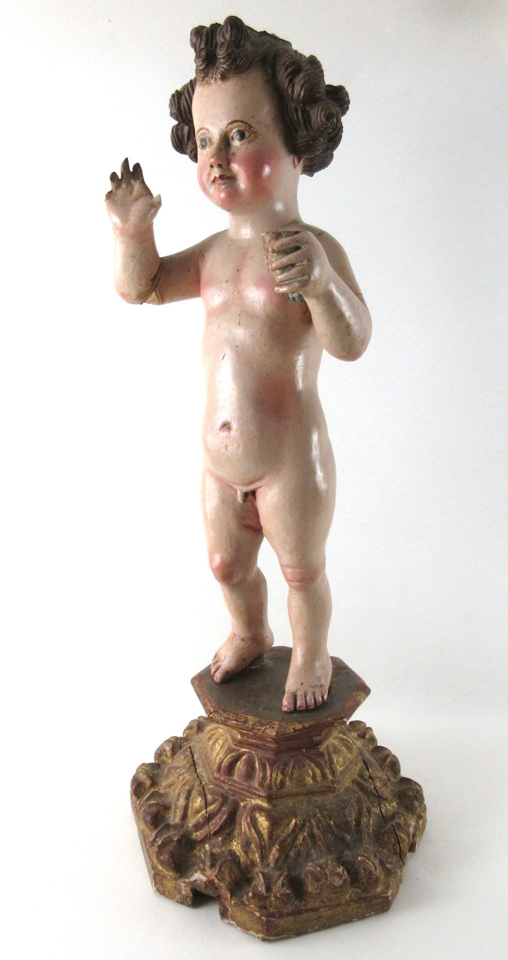 Null 巴洛克式耶稣圣婴 - 迷人的普托（复数 Putti），木质圆雕，多色，无装饰，卷发，胖胖的脸，很可能是 18 世纪西班牙作品，带底座高 73 厘米，不&hellip;