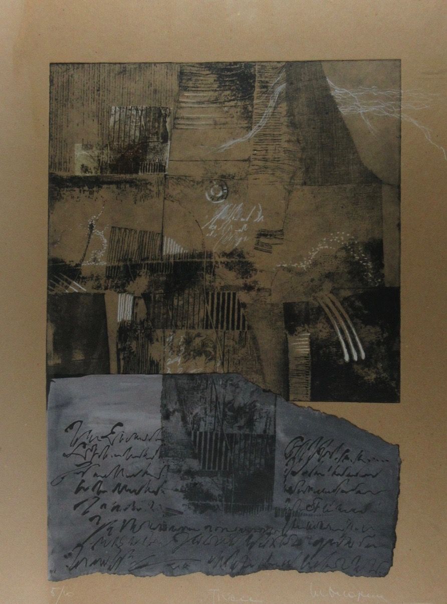 Null Michele DELORME (1944) Gravure, gouache, pastel et collage, "Trace", signée&hellip;