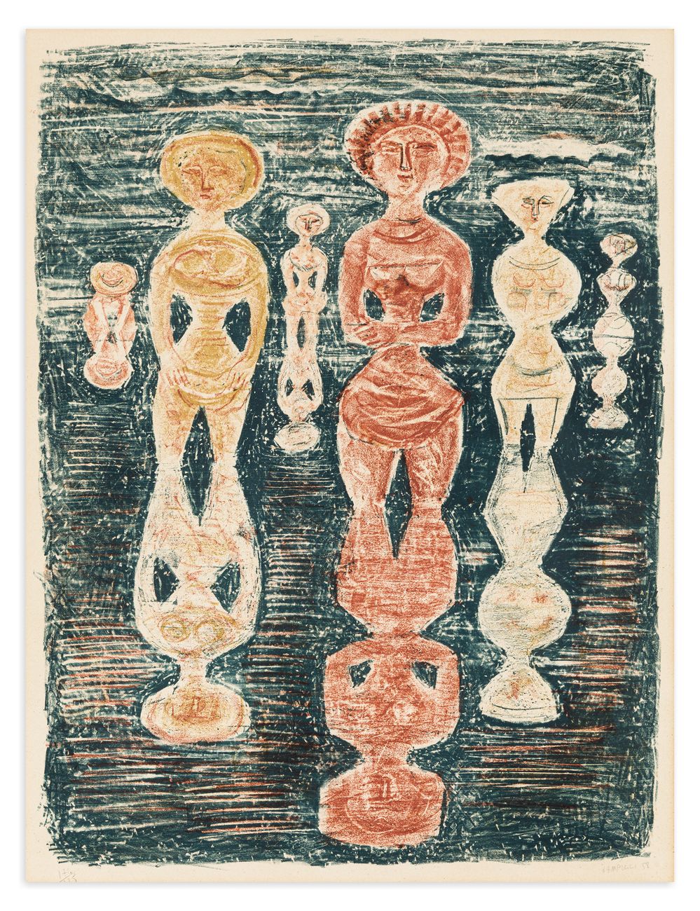 MASSIMO CAMPIGLI (1895-1971) - Nelle risaie (Dans les Rizières), 1958 彩色石版画（蓝色、红&hellip;