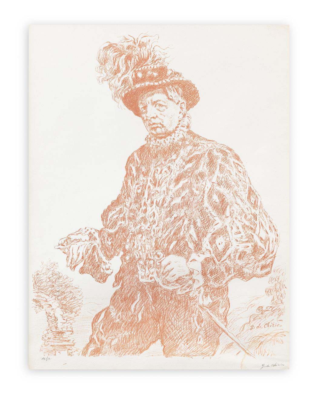 GIORGIO DE CHIRICO (1888-1978) - Autoritratto in costume, 1953 石版画，红褐色
70x54厘米
正&hellip;