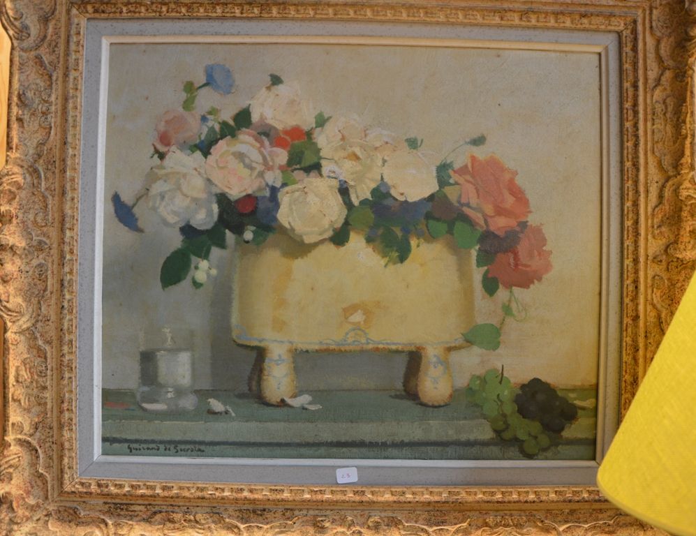 Lucien Victor GUIRAND de SCÉVOLA (1871-1950) "黄色和粉色的陶器"。

板面油画，左下方有签名，背面有标题。

46&hellip;