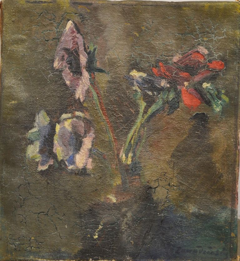 Czeslaw ZAWADZINSKI (1878-1936) "一束花"。
布面油画，右下角有签名。
32 x 32 cm。
(裂缝和重绘）。
