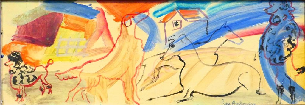 Pierre AMBROGIANI (1907-1985) "狗"。
油画在伊索尔面板上，右下方有签名，背面有标题。
20 x 55厘米。