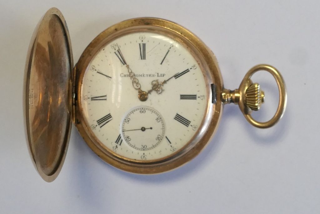LIP Montre chronomètre de gousset en or jaune (18kt 750°)，白色珐琅表盘以罗马数字显示小时，以阿拉伯数字&hellip;
