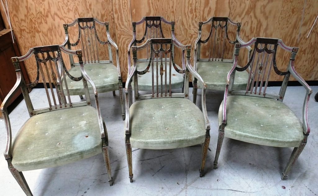 Suite de six fauteuils de style Sheraton with openwork back in painted wood deco&hellip;