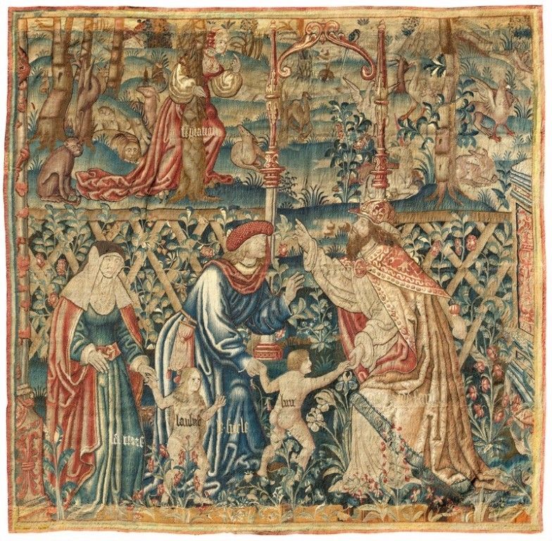 "Le Père de Famille" 非常罕见的 16 世纪挂毯，前三分之一部分
由八幅挂毯组成的 "家庭之父 "挂毯的一部分
荷兰南部，归于图尔奈
羊毛和&hellip;