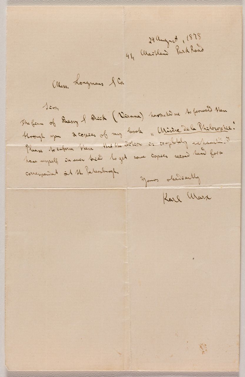KARL MARX: BRIEF VOM 28. AUGUST 1878 Tinte auf Papier, Autograph datiert und sig&hellip;