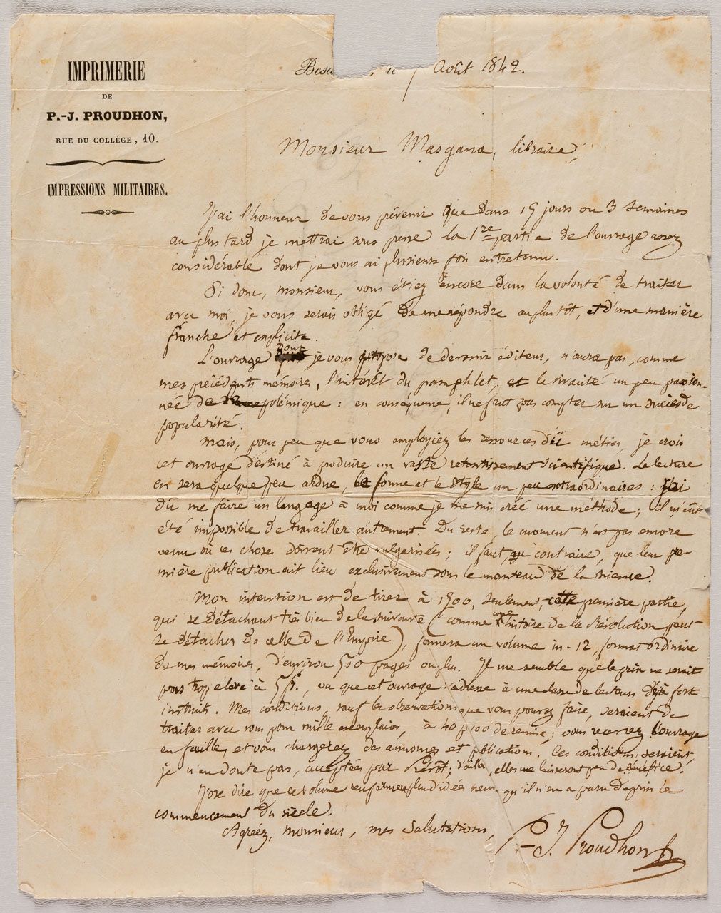 PIERRE JOSEPH PROUDHON: BRIEF VOM AUGUST 1842 Carta manuscrita de Proudhon, fran&hellip;