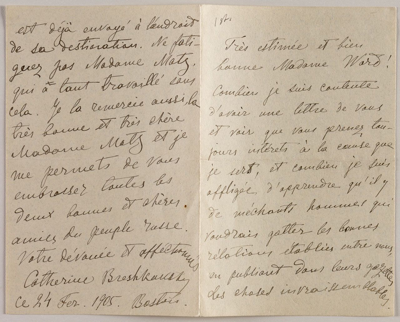 JEKATHERINA BRESCHKO-BRESCHKOVSKAJA: BRIEF VOM 24.02.1905 罕见的俄罗斯革命家的手写信件，法文，4页。
&hellip;