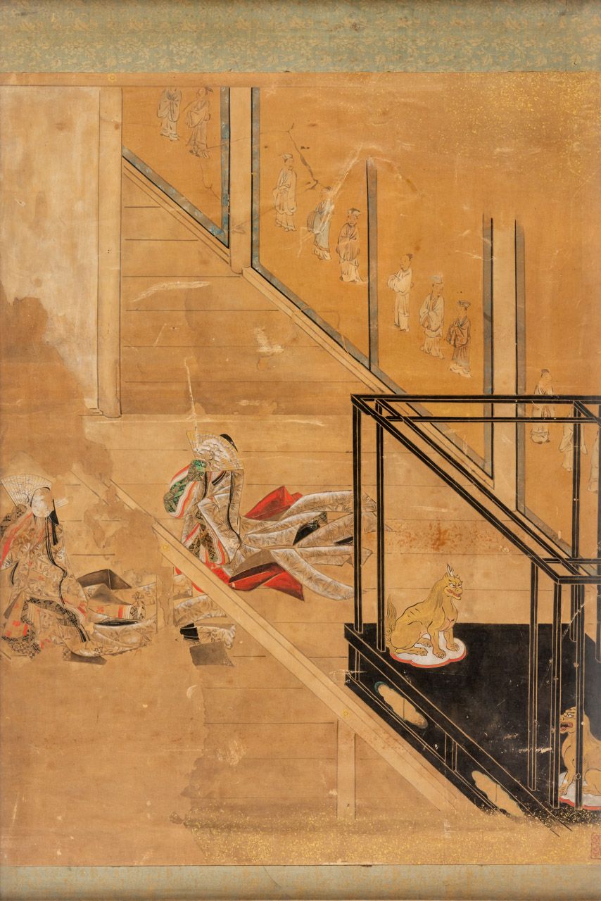PERSONEN UND TIERE 日本，墨，水彩，金，纸，可能以前是屏幕的一部分，17/18世纪。

50 x 38厘米，框架（未打开）：60 x 41厘米&hellip;