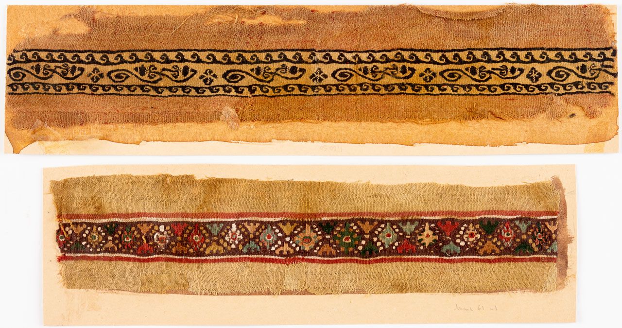 ZWEI KOPTISCHE TEXTILFRAGMENTE 埃及，公元2-6世纪

47 x 10.5厘米和39 x 8.3厘米