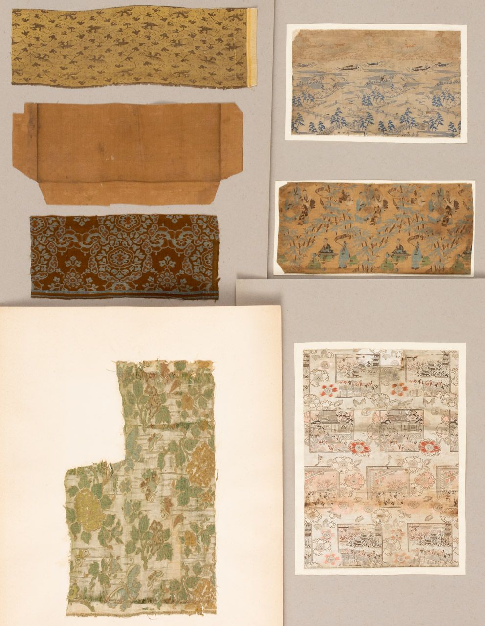 SIEBEN TEXTIL FRAGMENTE 中国，19世纪或更早

从10.5 x 23厘米到30.5 x 18厘米