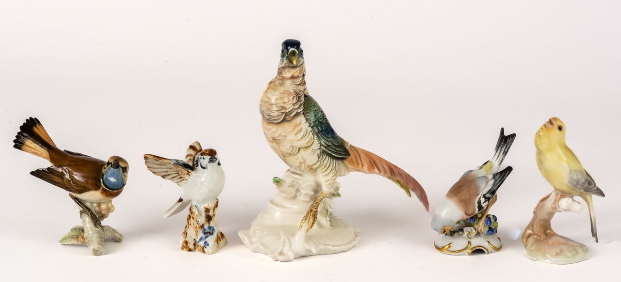 5 VÖGEL Alemania, porcelana, s. XX

H: de 9,5 cm a 20 cm



Un pájaro sin marca,&hellip;