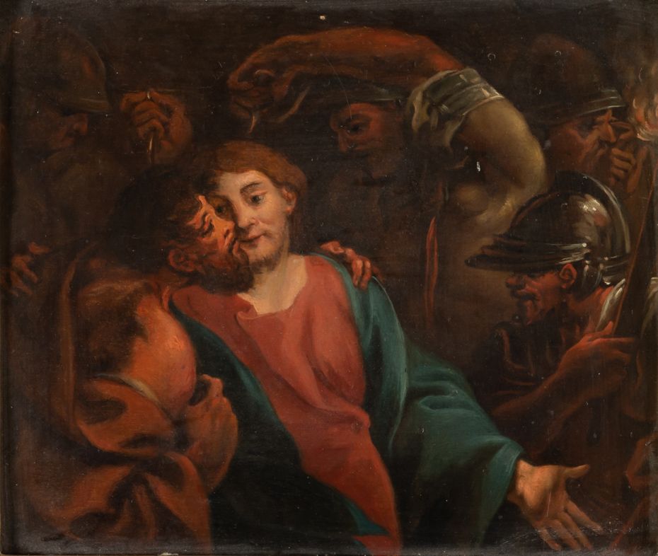 DER JUDASKUSS 
THE JUDAS KISS
 
Small painting of a crowded scene in the manner &hellip;