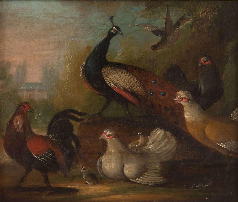 UNBEKANNTER MALER, Stillleben mit Pfau und Hühnern, Öl auf Leinwand, 19. Jh. 
UN&hellip;
