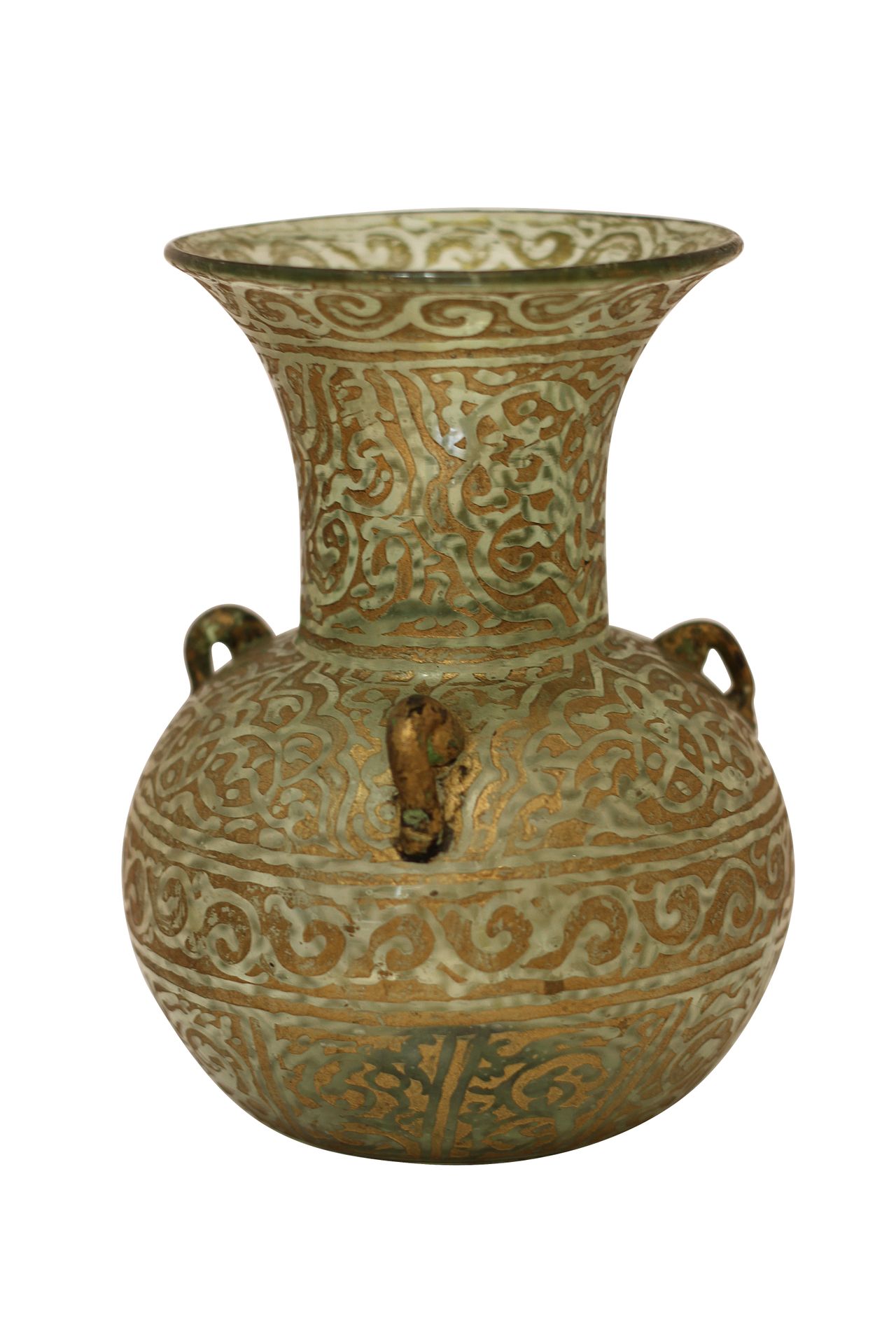 A circa 1890 Ottoman hanging oil Mosque lamp 一盏约1890年的奥斯曼挂油清真寺灯，吹制玻璃，有丰富的金漆装饰。高度&hellip;