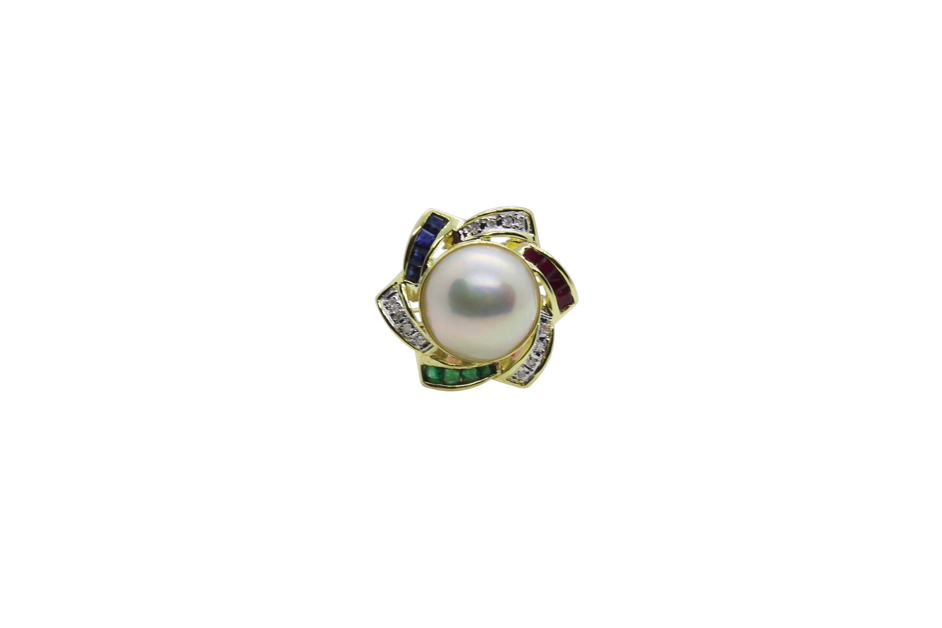 14k gold cultured pearl mabe ring mounted with emerald, sapphire, ruby and diamo&hellip;