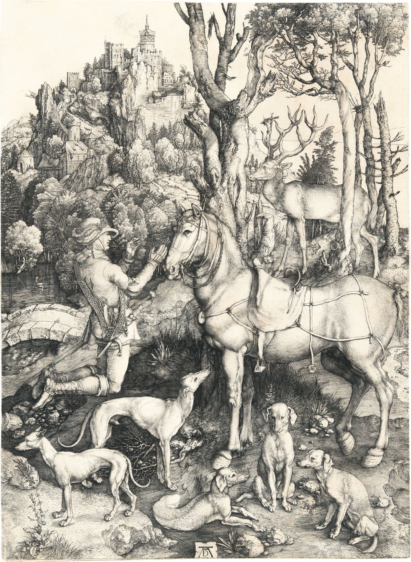 Albrecht Dürer 圣尤斯塔斯。

铜版画，印有水印 "Hohe Krone"(Meder水印20)的精细铺纸。(约1501年)。35.3 x 26厘&hellip;