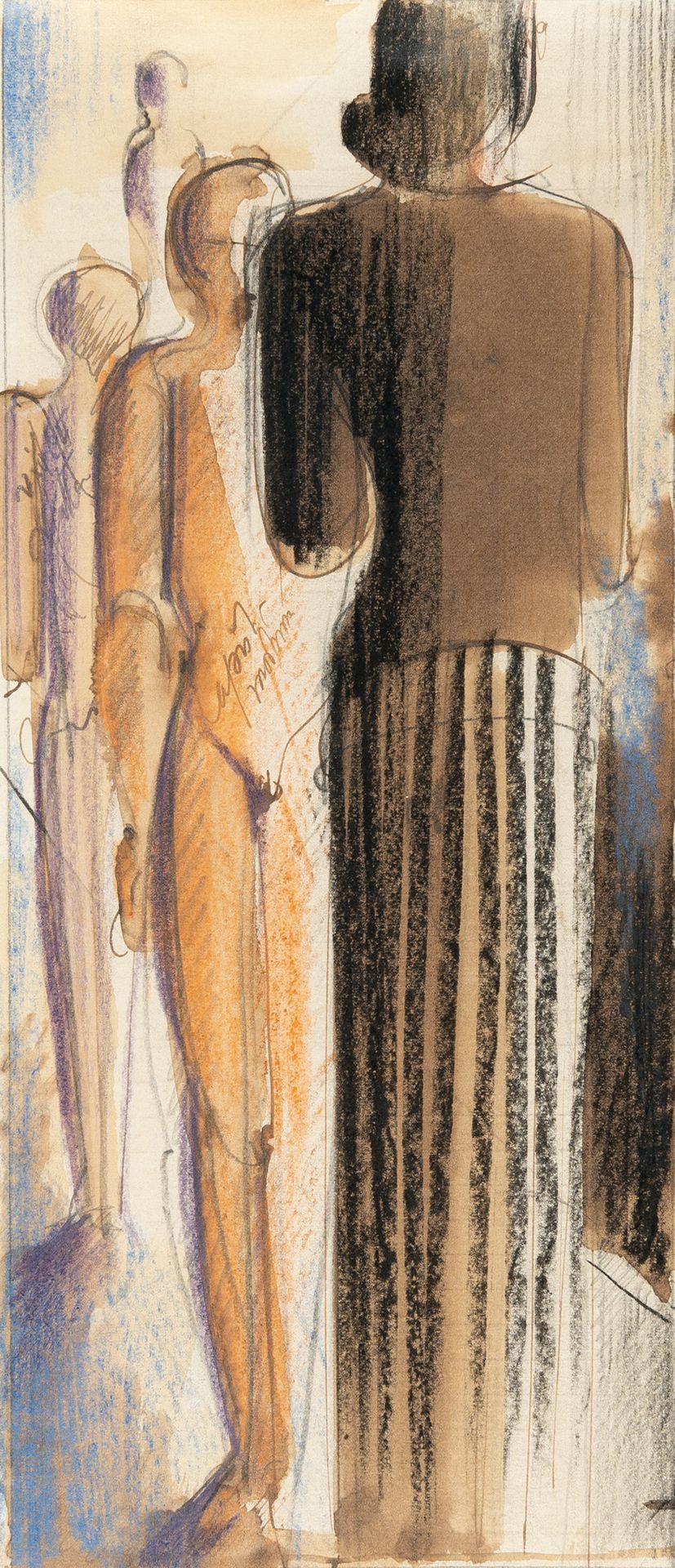 Oskar Schlemmer 奥斯卡-施莱默，女人反对裸体。

铅笔，墨水笔，灰棕色水洗，彩色铅笔，格子写字纸。(约1926年)。约23 x 10厘米。墨水手&hellip;