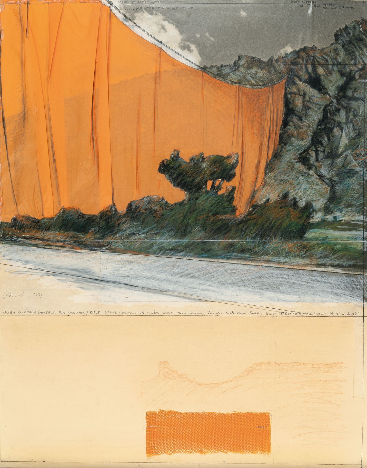 Christo und Jeanne-Claude 克里斯托和让娜-克劳德，"谷幕（科罗拉多项目）里夫尔，大猪蹄子"。

布料、木炭、铅笔、粉笔、蜡笔和纸板上的&hellip;