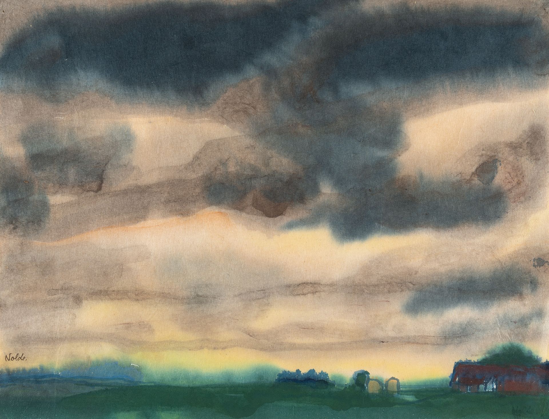 Emil Nolde Emil Nolde, Marschlandschaft mit hohen grauen Wolken.

Aquarell auf J&hellip;