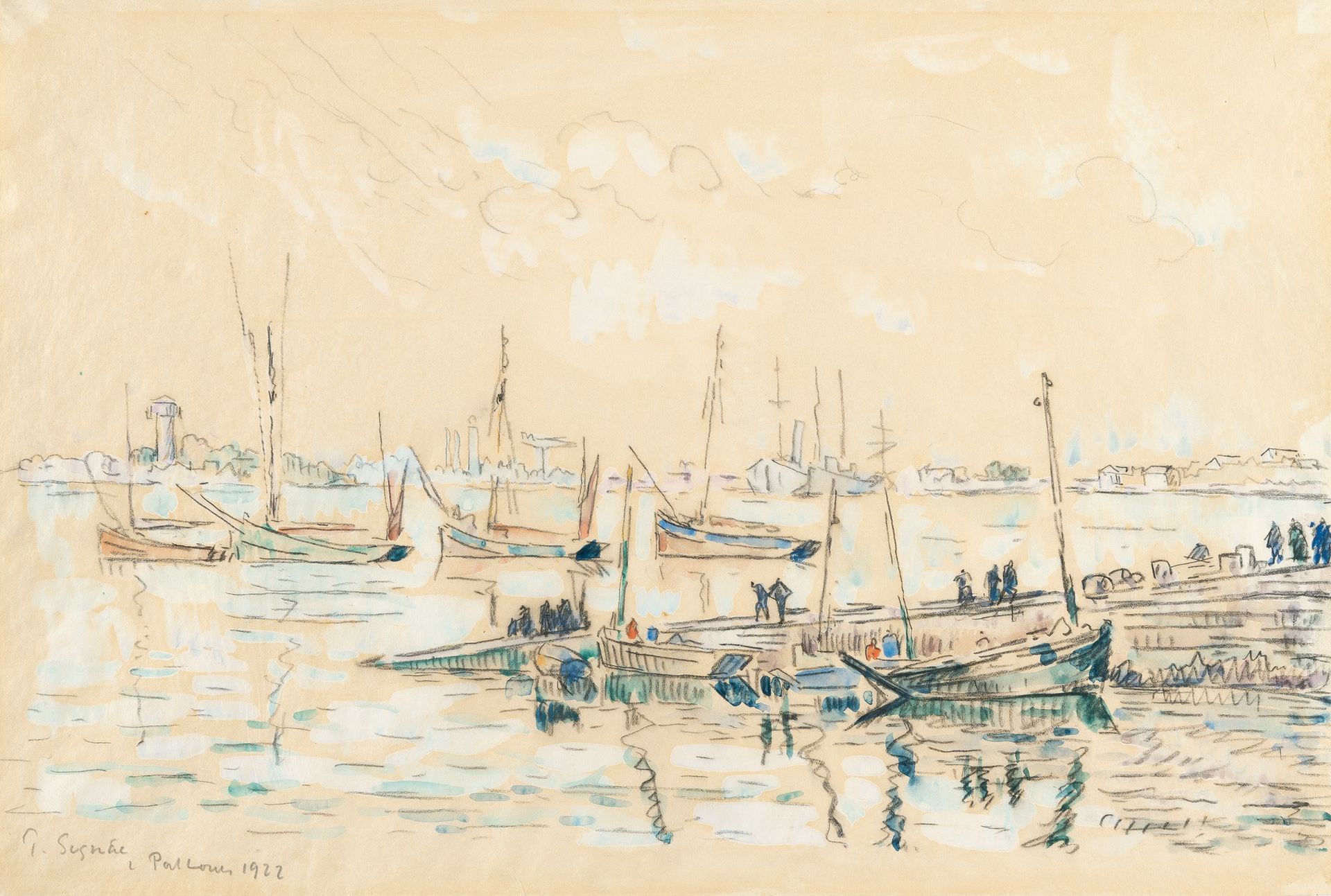 Paul SIGNAC 保罗-西尼亚克，"路易港"。

水彩和铅笔在水玻璃纸上。1922年。约26.5 x 39.5厘米。左下方有签名、标题和日期。

Sign&hellip;