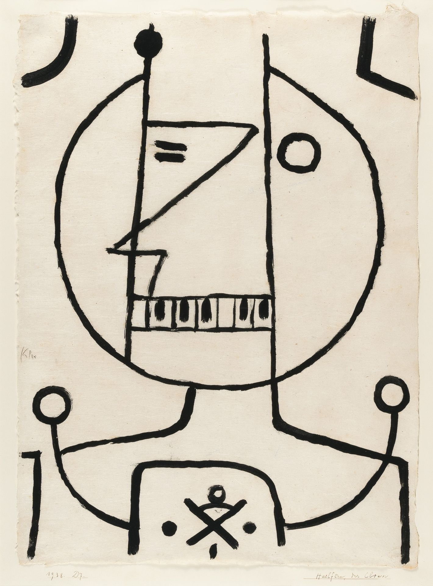 Paul Klee 保罗-克利，"Haelften, the Clown"。

精美的日本上的黑色浆糊色，由艺术家在光滑的纸上点缀安装。1938年，约57×42&hellip;