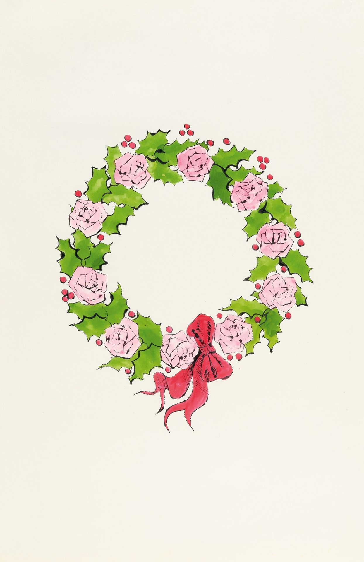 Andy WARHOL 安迪-沃霍尔，带玫瑰花的圣诞花环。

水墨和水彩在梭织纸上，由Strathmore制作。(约1956年)。约57 x 36.5厘米。背面&hellip;
