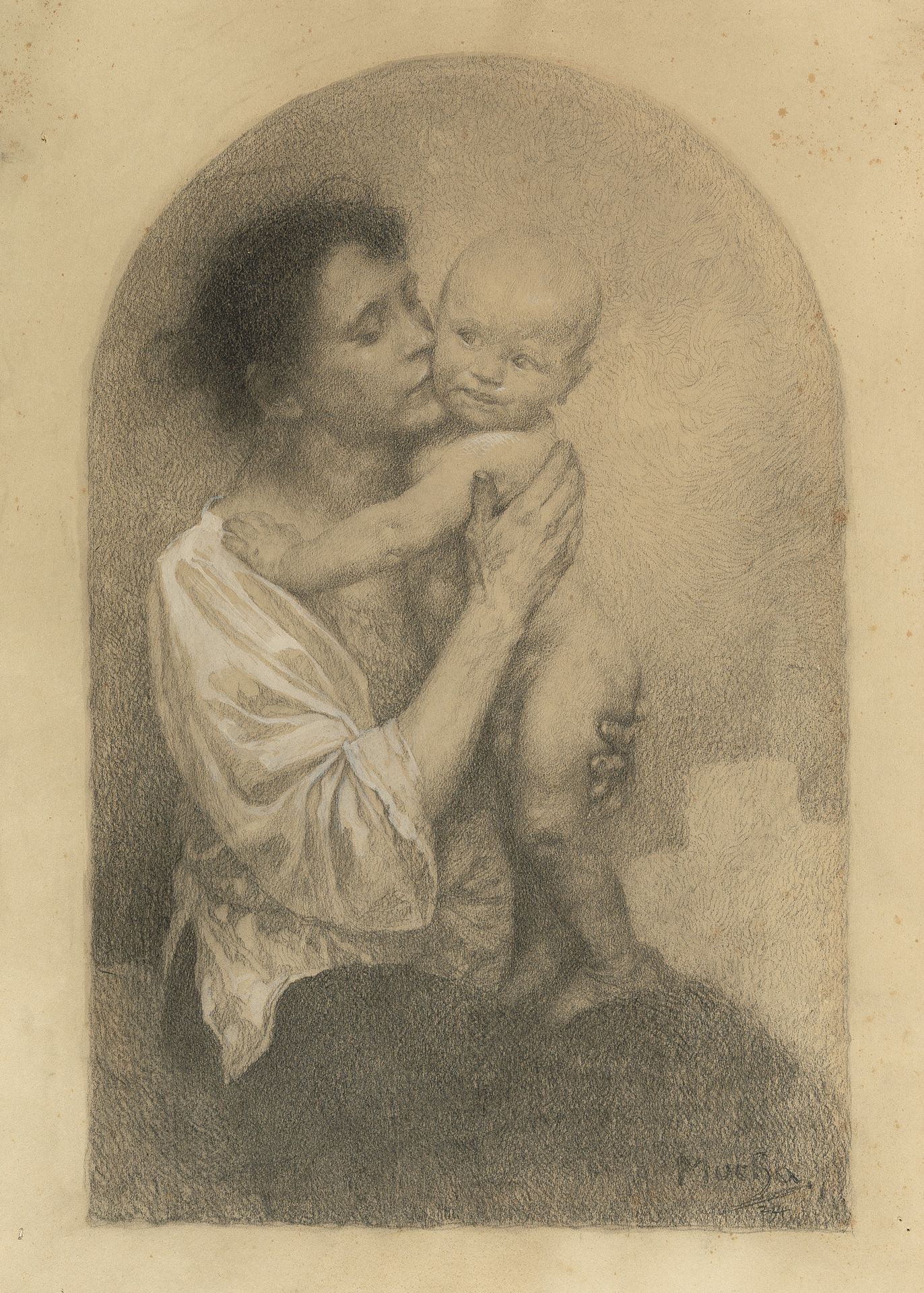 Alfons Maria Mucha 阿方斯-玛丽亚-穆夏，《母亲与孩子》。

粉笔和铅笔，部分用白色加高，在灰绿色的编织纸（papier vélin）上。(1&hellip;