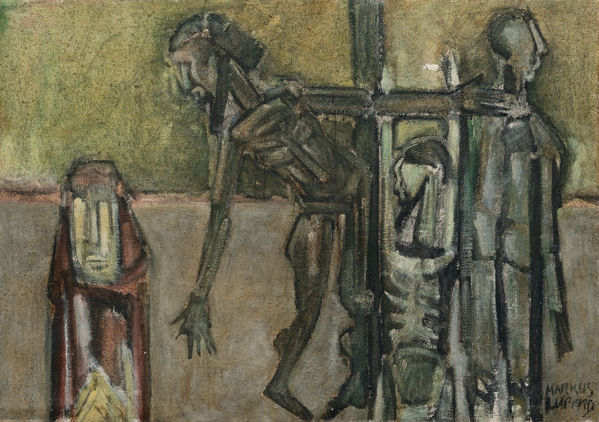 Markus Lüpertz Markus Lüpertz, Crucifixion.

粗麻布上的油彩。(1958).约115 x 160厘米。右下方有签名。&hellip;