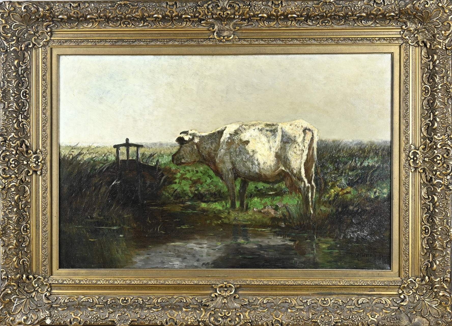 Null Hendrik van Ingen, 1891. 1833 - 1898. Vaca en el abrevadero. Óleo sobre lie&hellip;